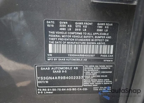 2011 Saab 9-5 Turbo4/Turbo4 Premium from USA, damaged, VIN YS3GN4AR9B4002337